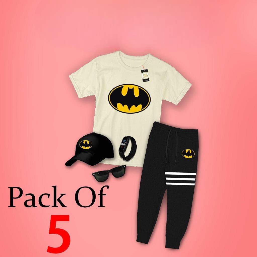 Pack Of 5 Kids Batman Print Track Suit, Kids Printed Clothes, Children Track Suit With Accessories Pack Of 5 Kids Batman Print Track Suit, Kids Printed Clothes, Children Track Suit With Accessories